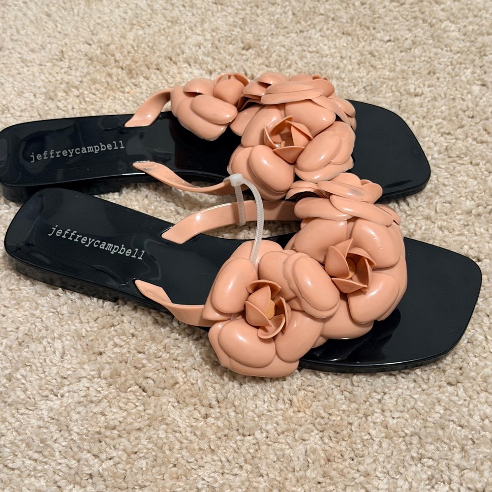 Jeffrey Campbell Fleuris Jelly Sandals Black Nude Pink Floral Rose Square Toe 9 - Picture 2 of 6